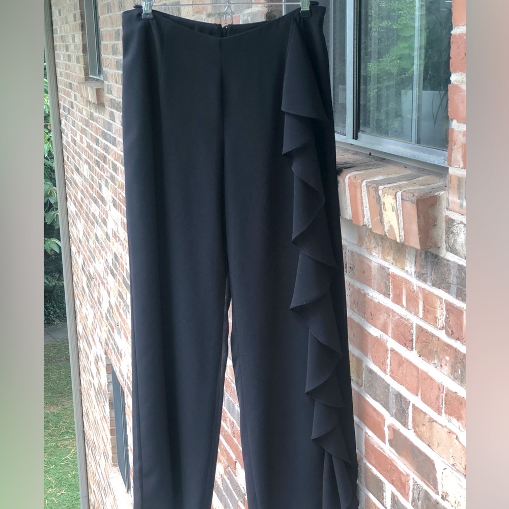 JA Boutique Black Crepe Pants with Ruffle Down One Leg . Woman’s Size 10